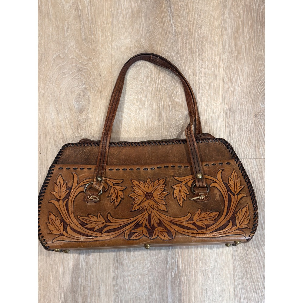 Vintage 70s Hand Tooled Floral Leather Satchel Shoulder Bag Brown